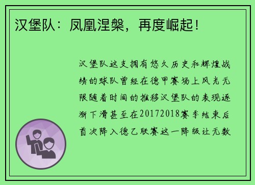汉堡队：凤凰涅槃，再度崛起！